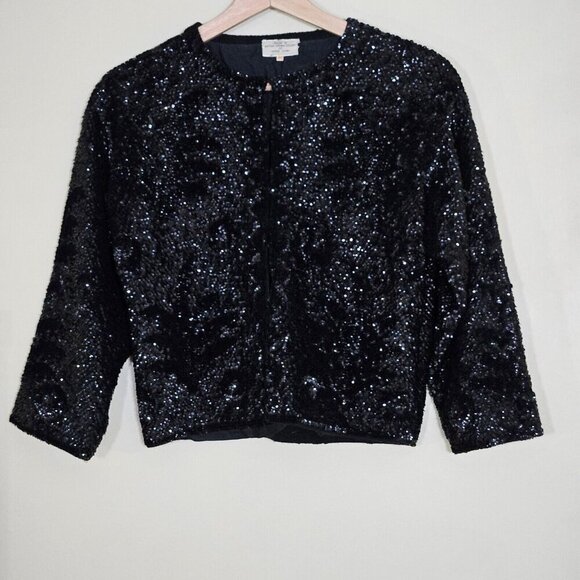Jacket Women 40 S/M Black VTG 60s Sequins British Crown Colony of Hong Kong Art - Picture 1 of 16